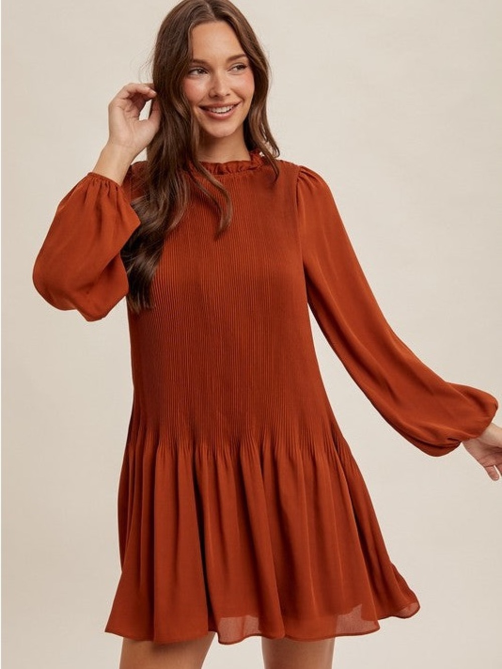 Darling Rust Long-Sleeve Pleated Swing Dress
